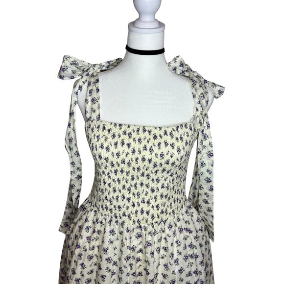 English Factory Floral Maxi Dress Lrg White Purple Smocked Midi Boho Cottage Bow - Picture 3 of 14